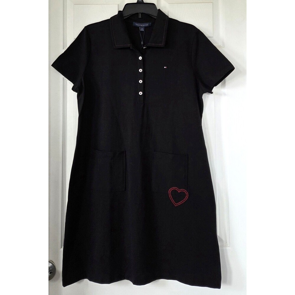 TOMMY HILFIGER Black Knit T-Shirt Dress Short Sleeves Pockets Heart Size L NWT